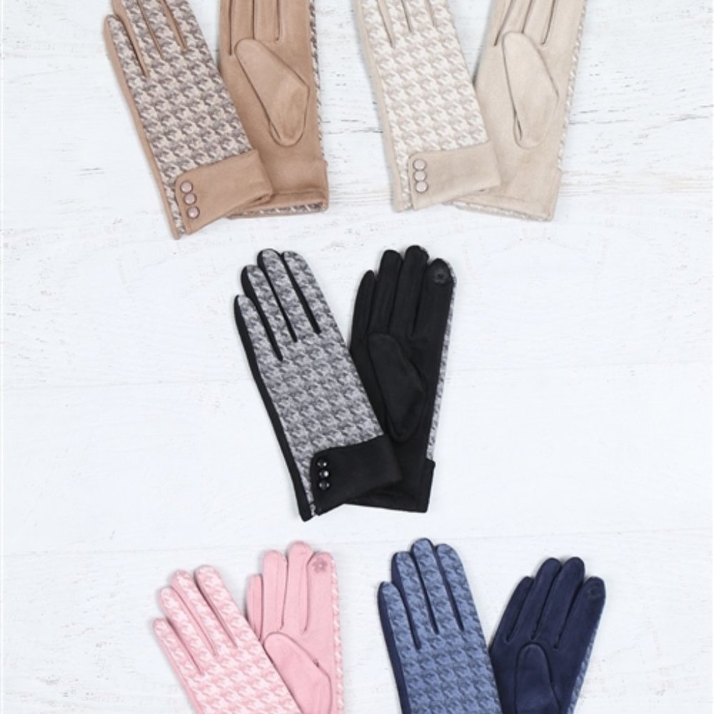 Womens houndstooth print warm smart touch gloves button details - tan - Picture 9 of 9